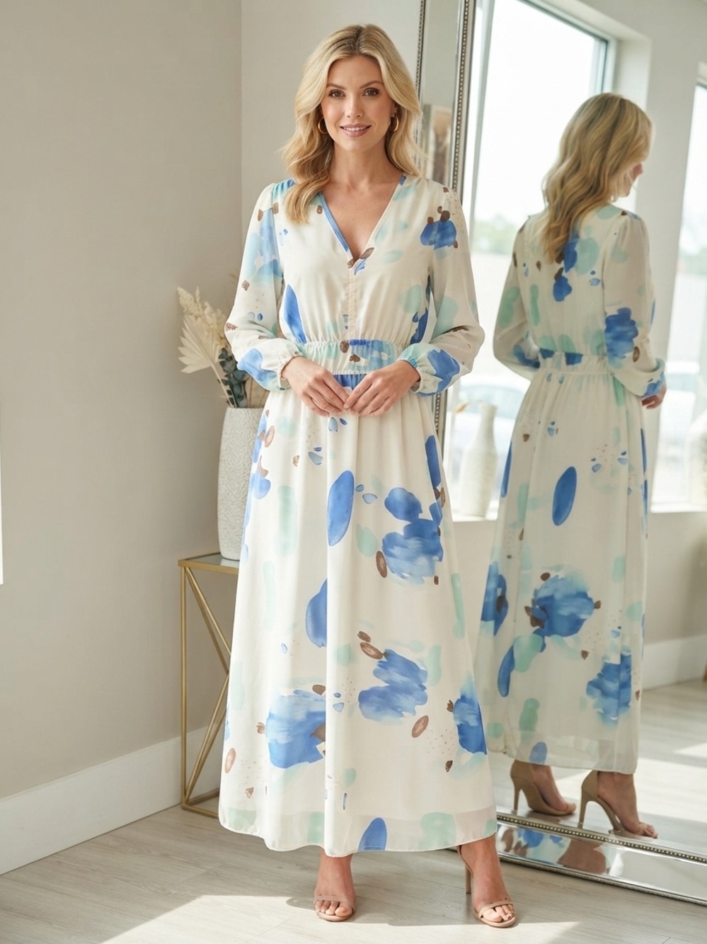 PrettyGarden Abstract Blue Print Maxi Dress Long Sleeve V-Neck XL